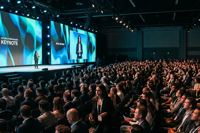 A conference hall mid-session — the kind of event whose photos rarely reach the people in them
