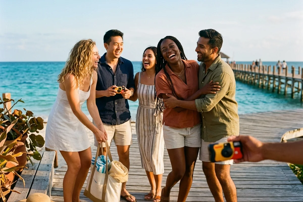 A group trip where everyone adds their photos and finds themselves with a selfie